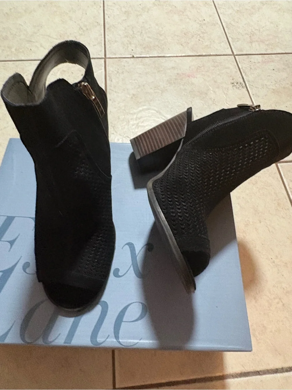 Essex Lane Black Suede Perforated Peep-Toe Block Heel Booties